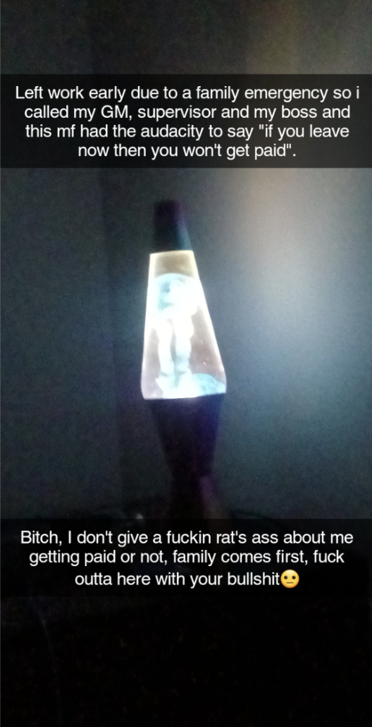 A lava lamp with a screenshot of a text message conversation superimposed on it, expressing a worker&#x27;s frustration with their boss