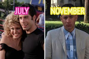 Two side-by-side stills from "Grease" with text "July" over Sandy and Danny, and "November" over a solo Danny in a sweater