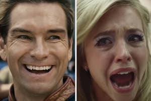 Two characters, Homelander and Starlight from "The Boys," showing contrasting emotions of smiling and distress