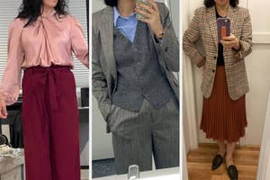 Three people showcasing different office outfits, from formal to smart-casual, for shopping inspiration