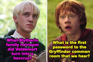 Draco and Ron from Harry Potter appear concerned; text poses trivia about Slytherin heirloom and Gryffindor password
