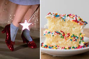 Close-up of ruby slippers paired with blue socks and a slice of vanilla cake with sprinkles on a plate