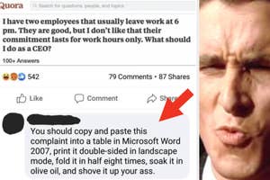 Meme with a man squinting in disbelief at a text post about an employer's complaint regarding employees leaving at work hours