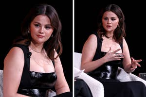 Selena Gomez speaks at an event, wearing a sleek black outfit, seated with a microphone in hand