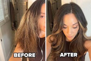 a reviewer's hair before frizzy and straight and after very smooth and styled