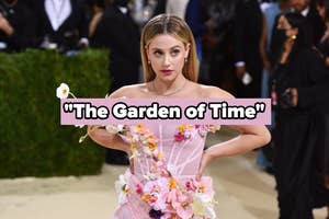 Person in floral off-shoulder gown with "The Garden of Time" text overlay at event