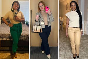 Three women in professional attire posing individually, showcasing office fashion trends