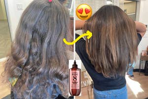 Before and after shots of a reviewer's hair, showing improved smoothness and styling