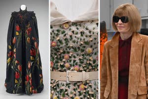 Mannequin displaying a floral gown; close-up of fabric with botanical print; Anna Wintour in a tan coat and sunglasses
