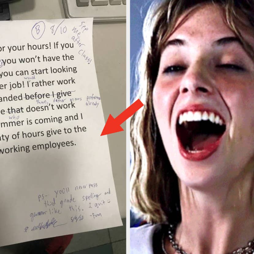 Note with feedback on summer hours pinned next to a still from the movie "Office Space" of character Joanna laughing