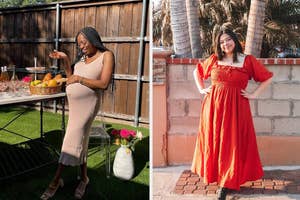 Two reviewers pose maternity dresses, one in a fitted dress and the other in a flowy dress
