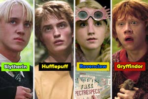 Four characters from Harry Potter films with House names: Slytherin (Draco), Hufflepuff (Cedric), Ravenclaw (Luna), Gryffindor (Ron)