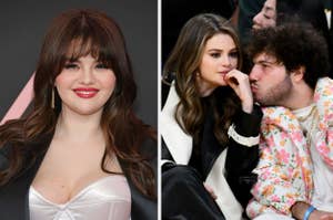 Split image; on left, Selena Gomez smiles in deep v-neck dress; right, she whispers to Benny Blanco in floral jacket