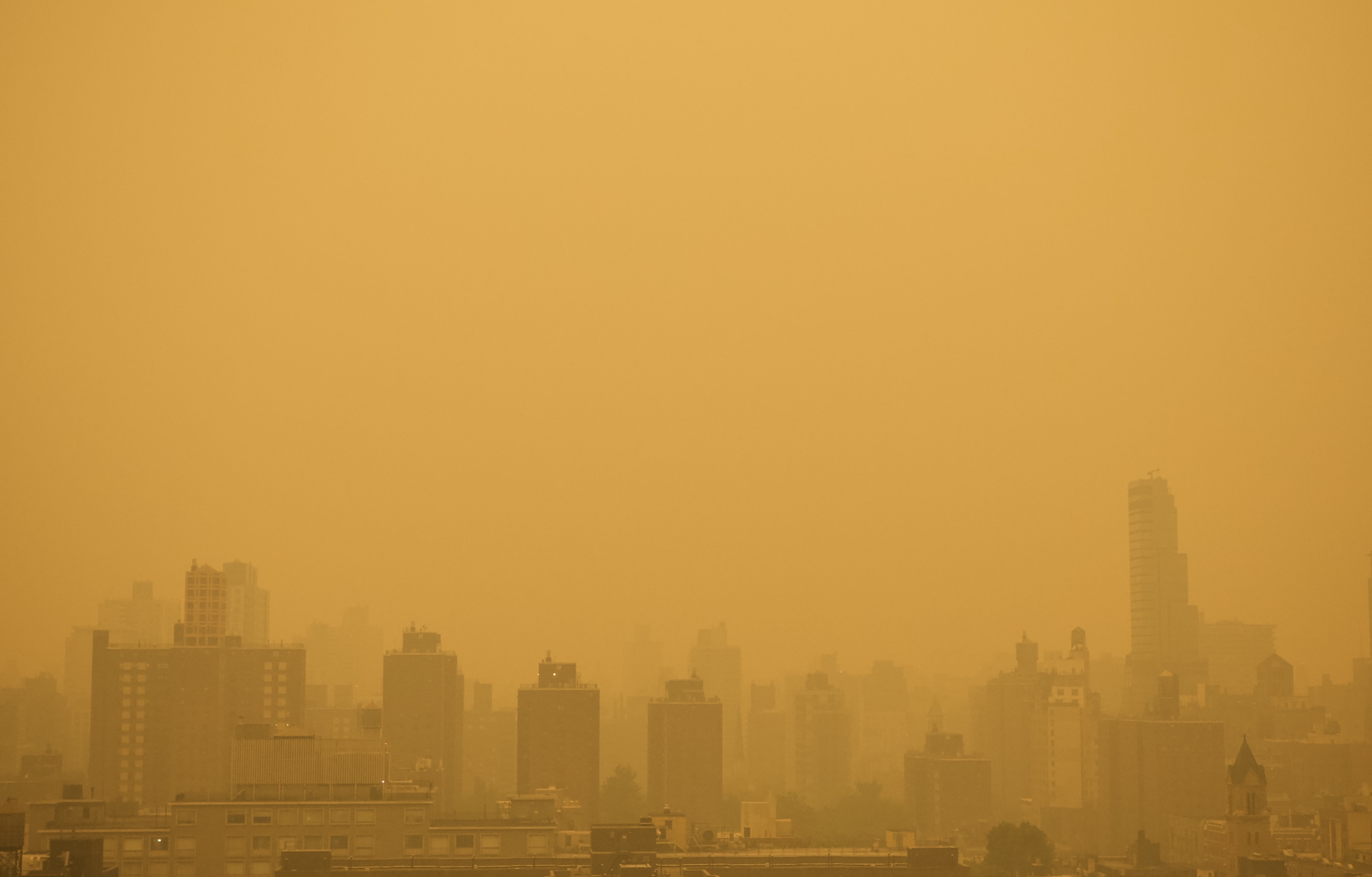 Cityscape obscured by dense fog, with silhouettes of buildings visible