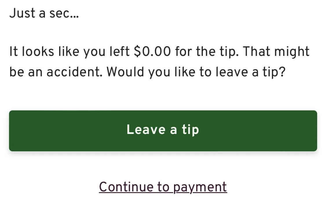 Screen prompt asking if the user would like to leave a tip with options to leave a tip or continue to payment