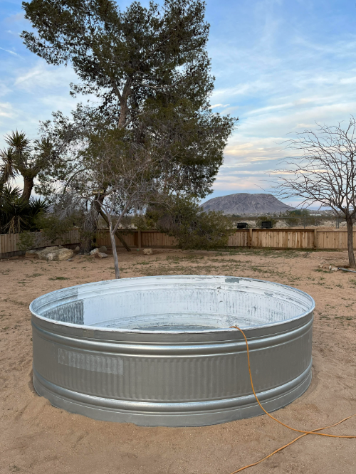 Round metal above-ground pool in a desert backyard, no people present