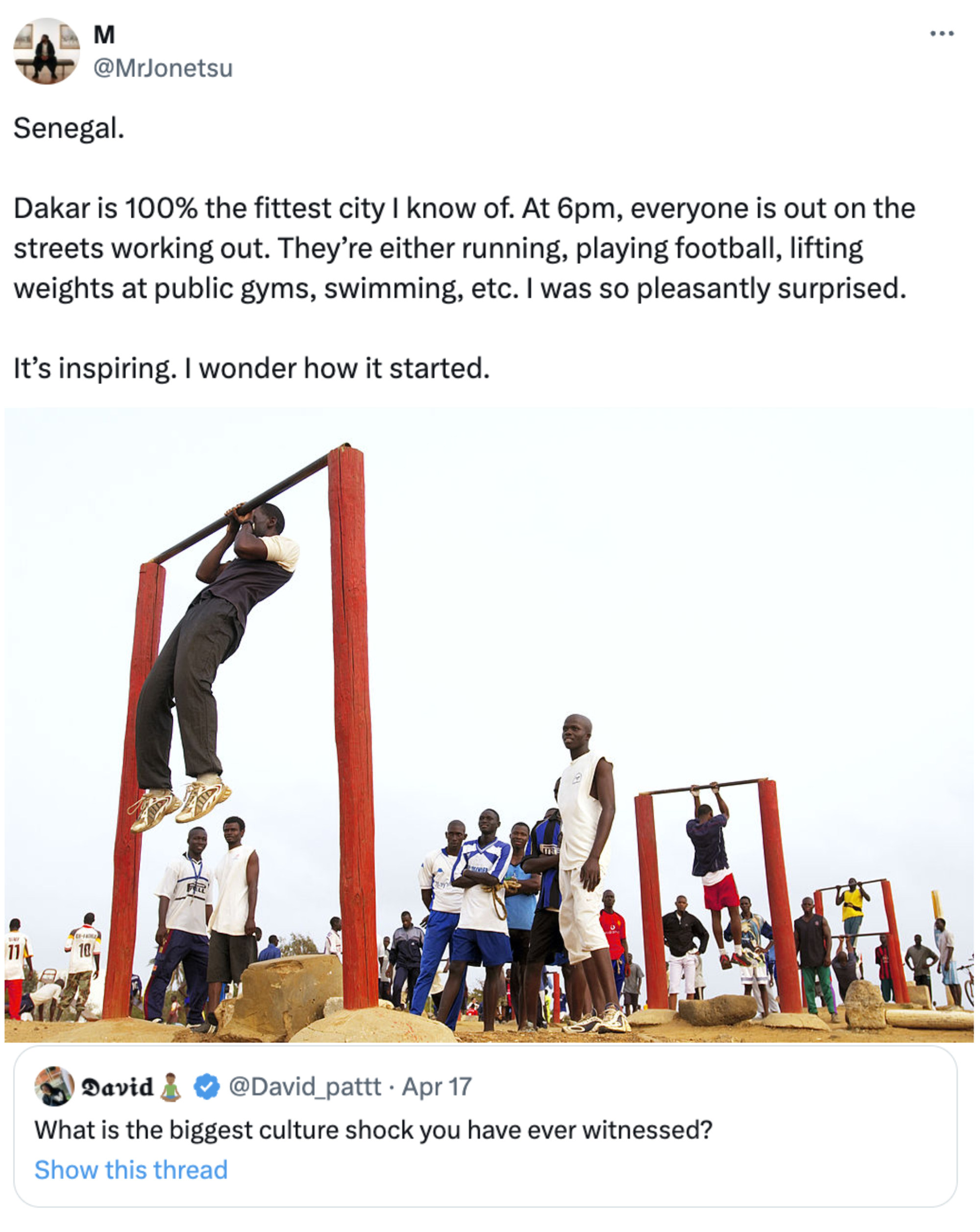Outdoor public gym with numerous people exercising, lifting weights and running in Dakar. A monument is visible in the background