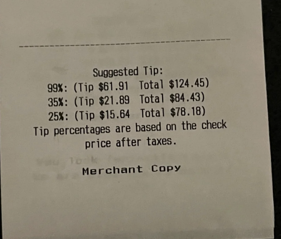 Receipt showing suggested tip amounts for 15%, 20%, and 25% and total prices for each tip option