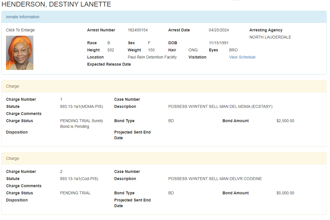 Mugshots and booking details of Destiny Lanette Henderson, including arrest number, date, agency, charges, and bond information