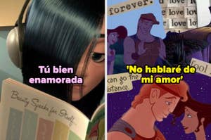 Memes de personajes animados: Violeta Parr con audífonos y Frollo y Esmeralda de "El Jorobado de Notre Dame" con texto amoroso