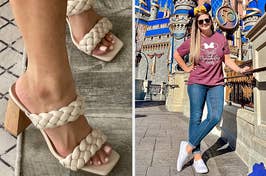 Left: Close-up of a person's feet in braided strap sandals. Right: A person in casual wear posing at Disney theme park