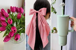 Three items: a bouquet of tulips, a gingham bow hair accessory, and a hand-held frother with a cute design