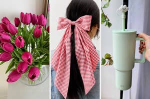 Three items: a bouquet of tulips, a gingham bow hair accessory, and a hand-held frother with a cute design