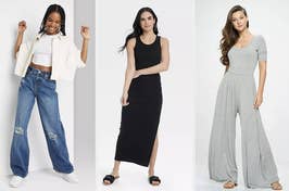 Three models showcasing different styles: casual denim, black sleeveless dress, and grey jumpsuit