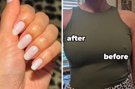 L: a reviewer with pink-tinted nails, R: a reviewer wearing a tank top with one nipple visible underneath labeled "before" and the other not visible labeled "after"