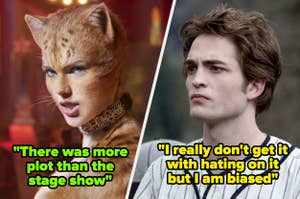 Split image with Taylor Swift as Bombalurina from "Cats" on the left and Robert Pattinson as Edward from "Twilight" on the right, with quotes about their movies
