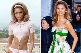 Zendaya in a pink top with bow detail, and a green-and-white checked dress on the red carpet
