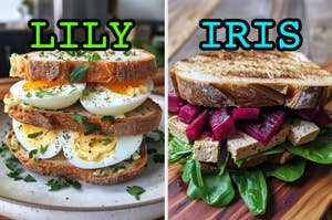 On the left, a hard boiled egg sandwich labeled lily, and on the right, a tofu and beet sandwich labeled iris