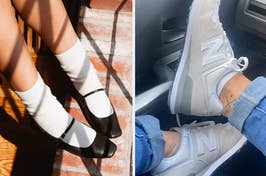 (left) mary jane flats (right) new balance sneakers