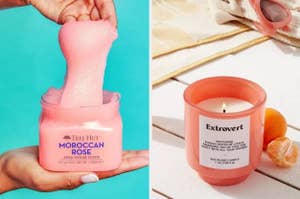 on left: model scooping pink body scrub from jar; on right: scented candle labeled "Extrovert" with citrus fruit
