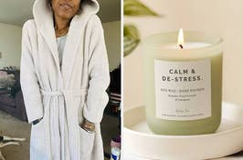 Person in a cozy robe; Image of a lit 'Calm & De-Stress' candle. Ideal for relaxation-themed shopping articles