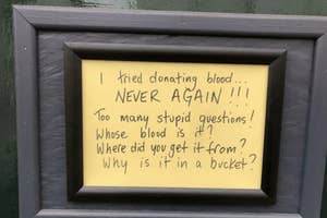 Note on framed paper humorously recounts a failed attempt at donating blood with silly questions