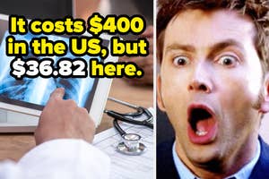 Doctor viewing an X-ray with surprised man, highlighting healthcare cost disparity