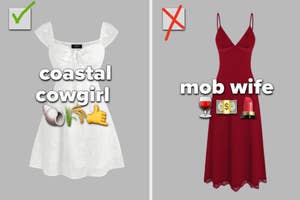 Two dresses depicted as "coastal cowgirl" and "mob wife" style, with themed emojis and props