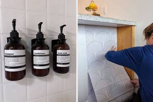 Three labeled dispenser bottles for shampoo, conditioner, and body wash on a shelf; person applying patterned wallpaper