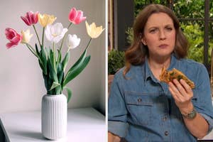 On the left, a vase of tulips, and on the right, Drew Barrymore eating a sandwich