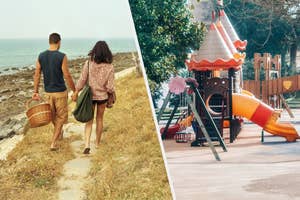 Two separate images: Left shows a couple walking towards a beach with a basket. Right is an empty playground with a slide and swings