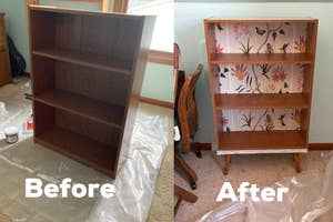 Side-by-side comparison of an unadorned bookshelf and the same shelf transformed with a floral back panel