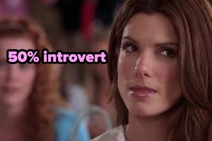 Woman in foreground with text "50% introvert," expression serious and contemplative