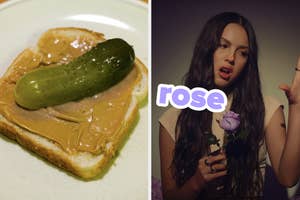 On the left, a piece of white bread topped with peanut butter and a pickle, and on the right, Olivia Rodrigo holding a rose in the Get Him Back music video labeled rose