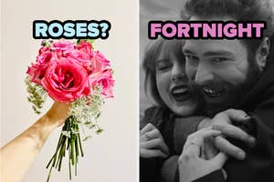 Left: Hand holding a bouquet of roses with text "ROSES?". Right: Two people embracing, text reads "FORTNIGHT"