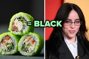 Sushi rolls on the left and Billie Eilish wearing glasses on the right, juxtaposed to indicate a match