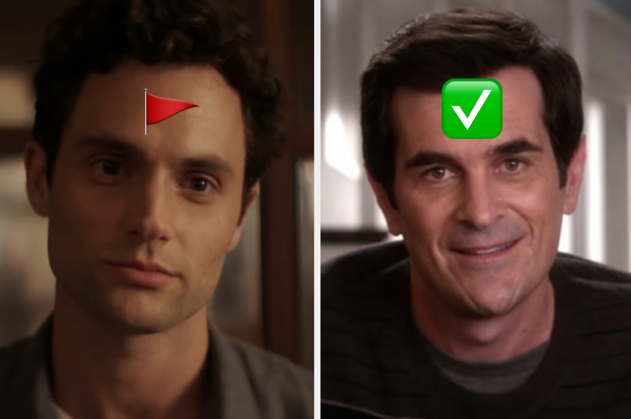 Split image of two male TV characters, left with play icon, right with checkmark icon