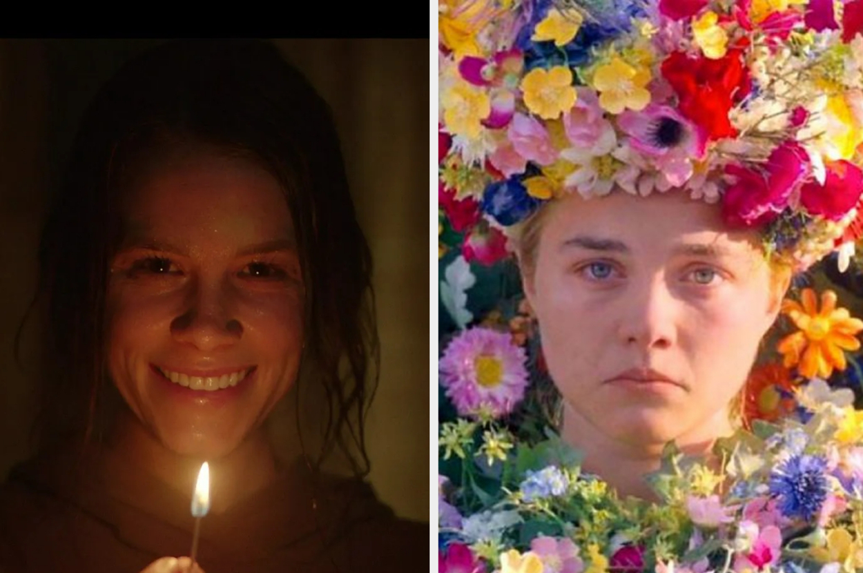 Split screen of two women with contrasting expressions, one smiling with a candle, one surrounded by flowers with a solemn face