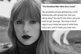 Taylor Swift looking contemplative with text from "The Smallest Man Who Ever Lived", expressing angst and resentment