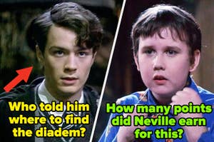 Two side-by-side scenes from Harry Potter, with young Sirius Black and Neville Longbottom, each with trivia questions
